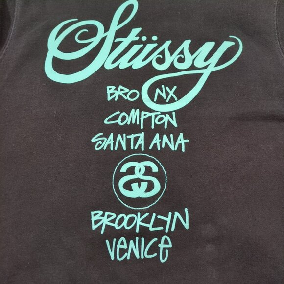 Stussy World Tour Graphic Hoodie Men's Medium Pullover Black Blue - Picture 6 of 9